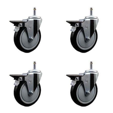 Service Caster 5'' Black Poly Swivel 7/16'' Grip Ring Stem Caster Set with Brake, 4PK SCC-GR20S514-PPUB-BLK-PLB-716138-4